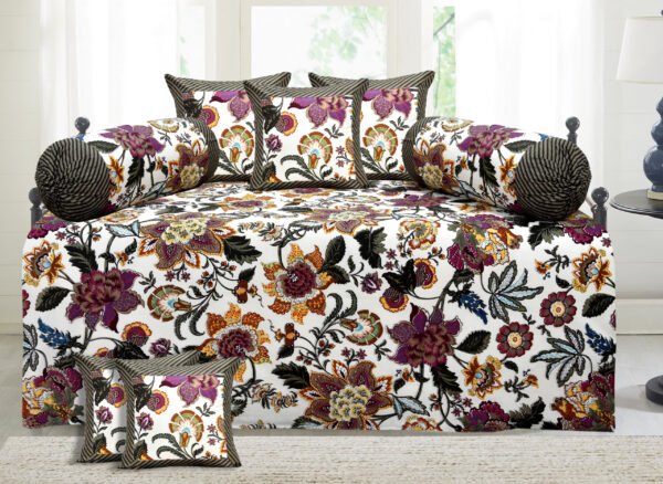 Orchid Prints Cotton Diwan Set with Bolster & Cushion Covers, Set of 8 Pieces, Multicolor