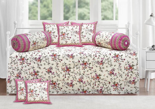 Jaipuri Prints Cotton Diwan Set with Bolster & Cushion Covers- Set of 8 Pieces, Pink
