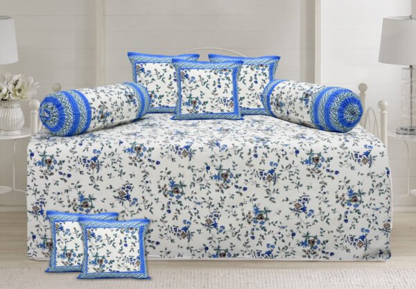 Jaipuri Prints Cotton Diwan Set with Bolster & Cushion Covers- Set of 8 Pieces, Blue