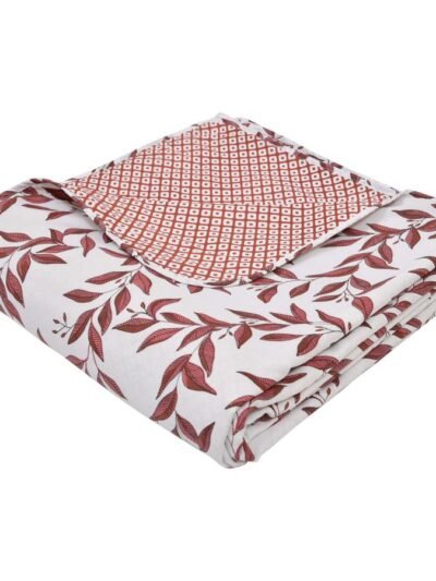 Leaf Print Double Bed Cotton Dohar (100% Cotton, Reversible) -Pinkish Brown