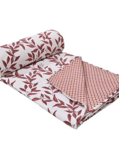 Leaf Print Double Bed Cotton Dohar (100% Cotton, Reversible) -Pinkish Brown