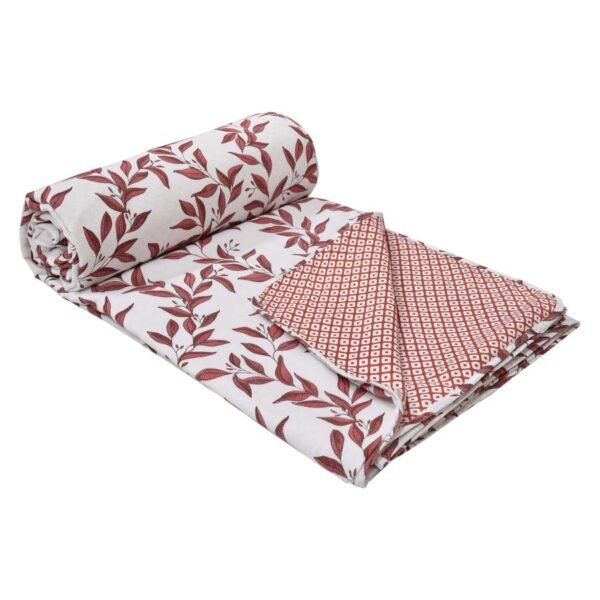 Leaf Print Double Bed Cotton Dohar (100% Cotton, Reversible) -Pinkish Brown