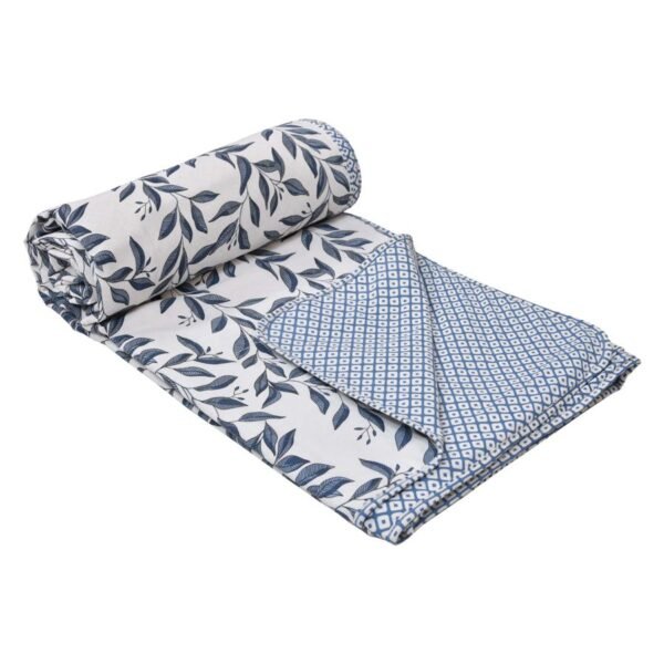 Leaf Print Double Bed Cotton Dohar (100% Cotton, Reversible) -Blue