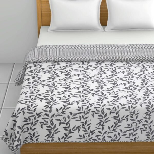 Leaf Print Double Bed Cotton Dohar (100% Cotton, Reversible) -Grey