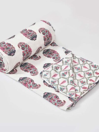 Leaf Print Double Bed Cotton Dohar (100% Cotton, Reversible) -Red