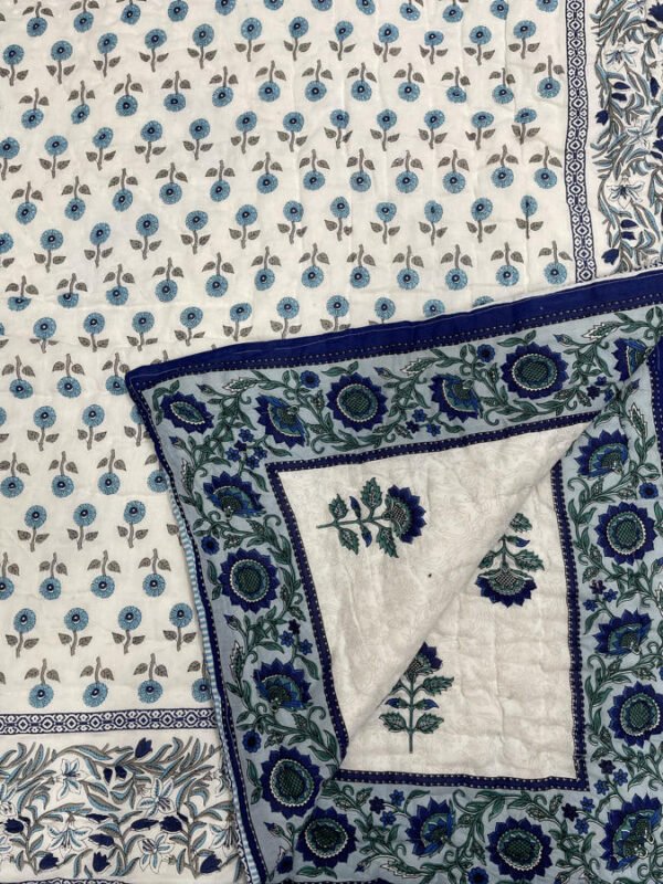 Cotton Mulmul Hand Block Printed Double Bed Jaipuri Razai-Floral Blue