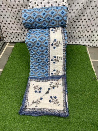 Cotton Mulmul Double Bed Jaipuri Razai Quilt Light Blue Floral Block Print