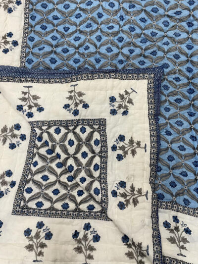Cotton Mulmul Double Bed Jaipuri Razai Quilt Light Blue Floral Block Print