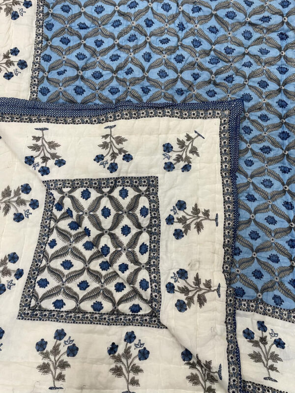 Cotton Mulmul Double Bed Jaipuri Razai Quilt Light Blue Floral Block Print