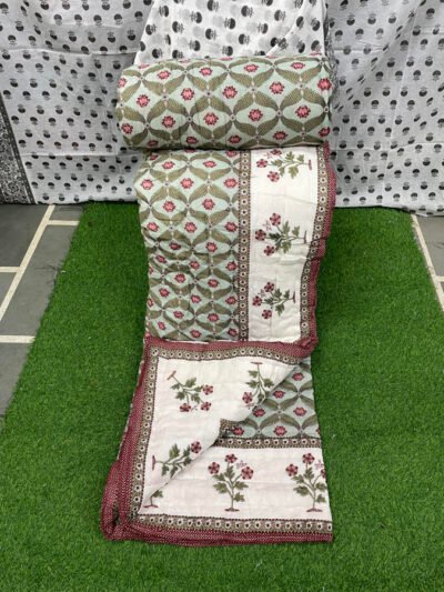 Cotton Mulmul Double Bed Jaipuri Razai Quilt Light Green Floral Block Print
