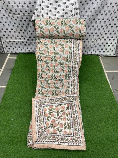 Cotton Mulmul Hand Block Printed Double Bed Jaipuri Razai- Peach Floral