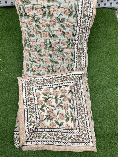Cotton Mulmul Hand Block Printed Double Bed Jaipuri Razai- Peach Floral