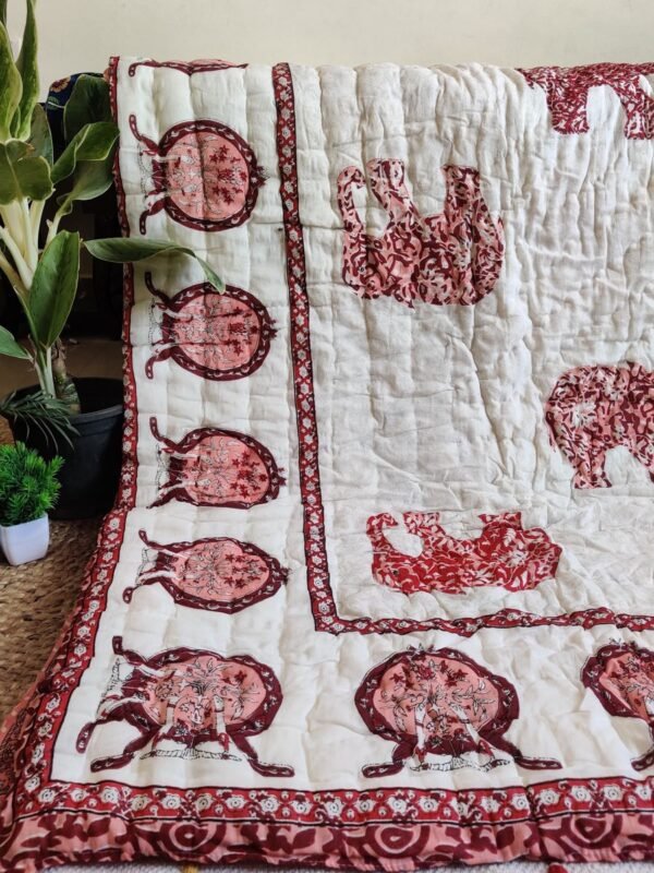 Cotton Mulmul Jaipuri Razai Quilt Red Hathi Block Print