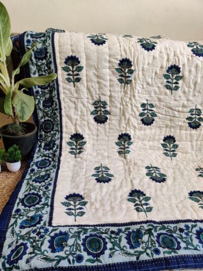Cotton Mulmul Hand Block Printed Double Bed Jaipuri Razai-Floral Blue