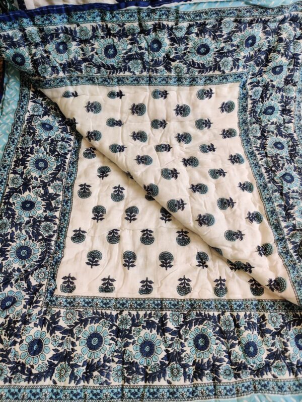 Cotton Mulmul Hand Block Printed Double Bed Jaipuri Razai-Floral Blue