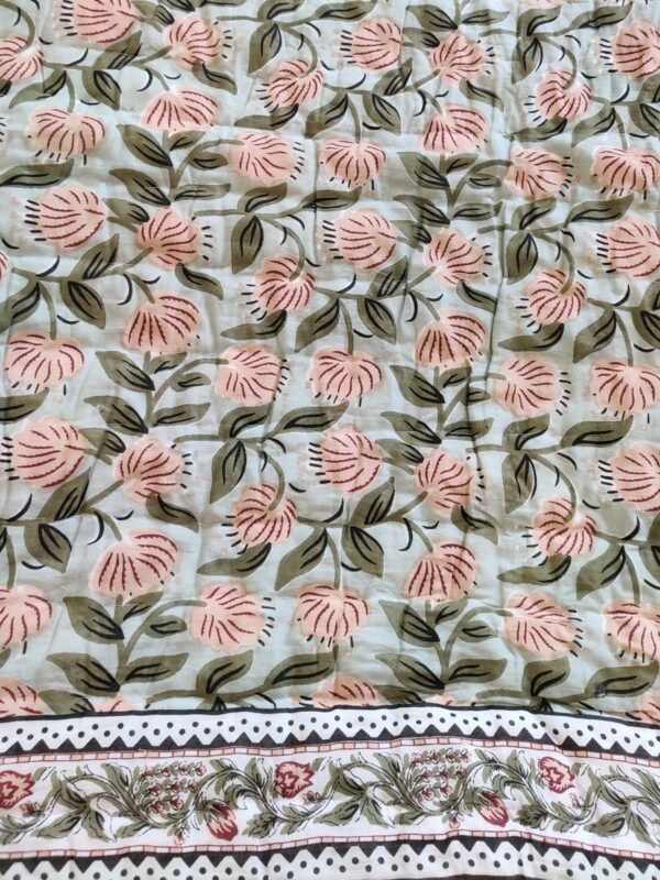 Cotton Mulmul Hand Block Printed Double Bed Jaipuri Razai- Peach Floral