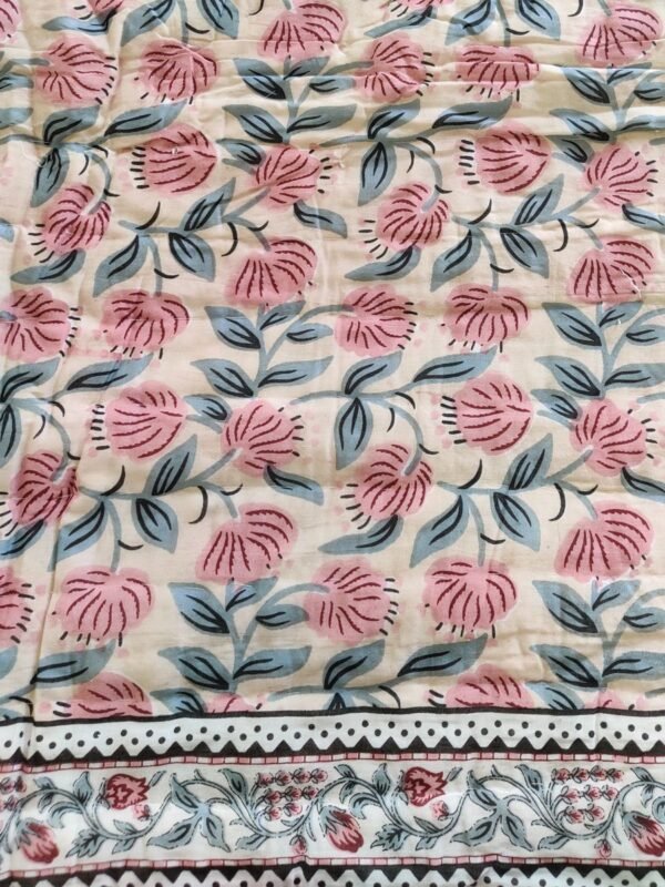 Cotton Mulmul Double Bed Jaipuri Razai Quilt Peach Floral Block Print