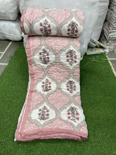 Cotton Mulmul Jaipuri Razai Quilt Pink Mughal Jaal Block Print