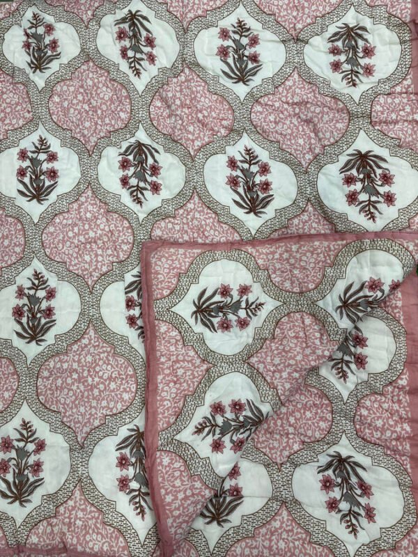 Cotton Mulmul Jaipuri Razai Quilt Pink Mughal Jaal Block Print