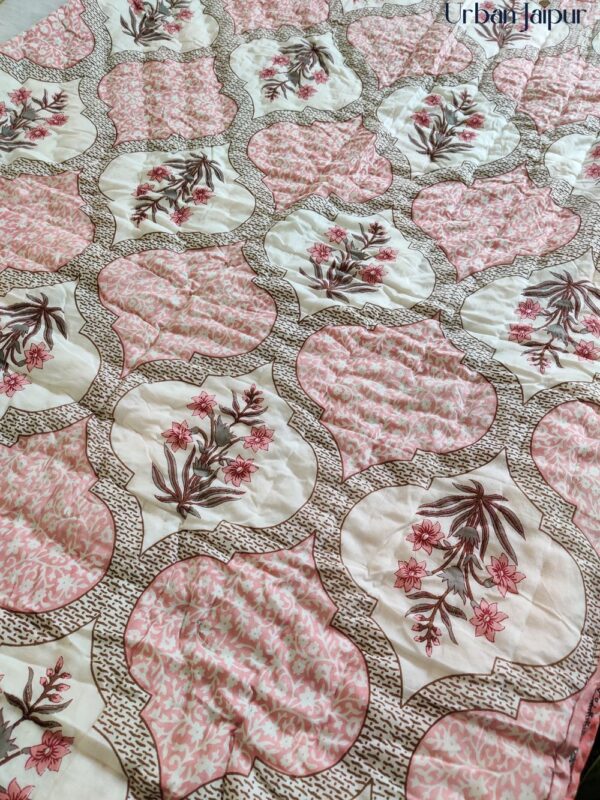 Cotton Mulmul Jaipuri Razai Quilt Pink Mughal Jaal Block Print