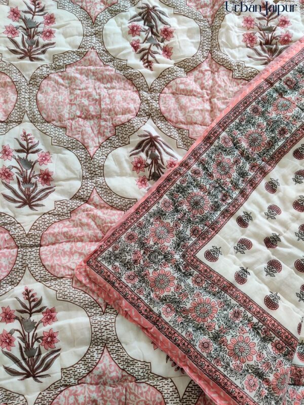 Cotton Mulmul Jaipuri Razai Quilt Pink Mughal Jaal Block Print