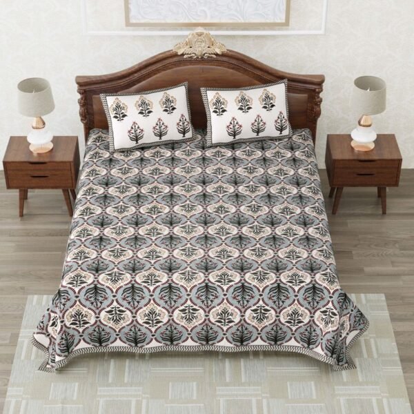 Elite – Block Printed Double Bed Sheet With 2 Pillow Covers (Gray, Red, 100% Cotton, King Size)