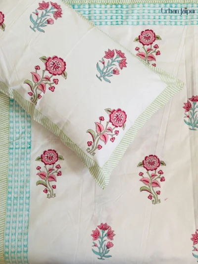 Floral Print Hand Block Bedsheet for Single Bed - Pink, Blue | Urban Jaipur