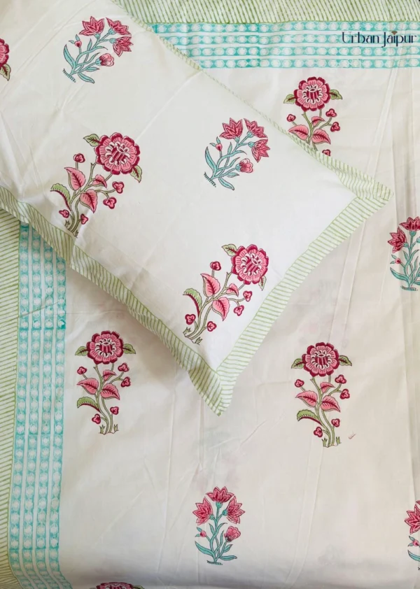 Floral Print Hand Block Bedsheet for Single Bed - Pink, Blue | Urban Jaipur