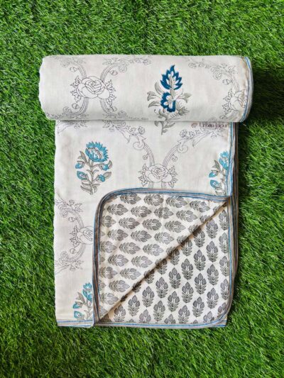 Floral Print Cotton Dohar for Single Bed - (60*90 inches) - Blue - Urban Jaipur