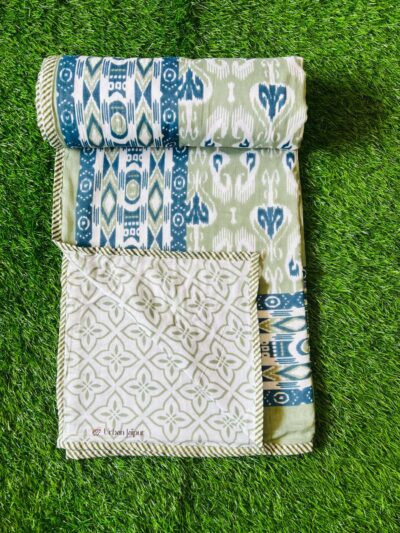 Ikat Print Cotton Single Bed Dohar / AC Blanket - Green, Blue
