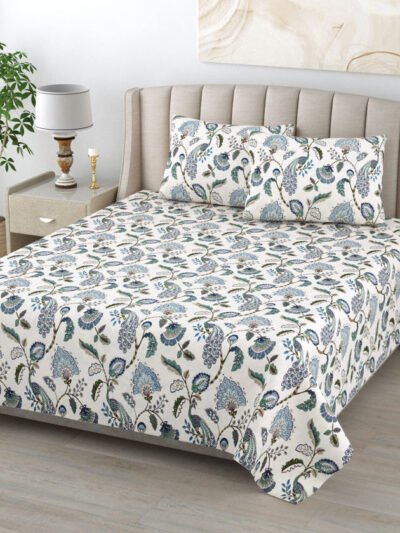 Diwan Bedsheet with 2 Pillow Cover Peacock Print - White, Blue | Anokhi