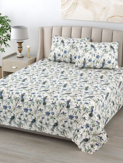 Diwan Bedsheet with 2 Pillow Cover Vibrant Bird Print - White, Blue | Anokhi