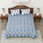 Elite – Block Printed Double Bed Sheet With 2 Pillow Covers (Blue, 100% Cotton, King Size)