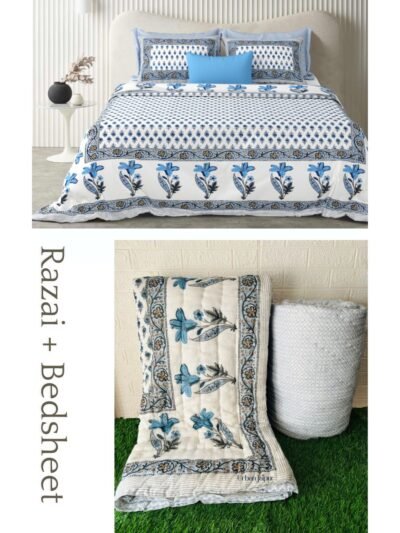 Razai Set - Set Of 4 Pcs - Blue, White Ethnic Razai Bedding Set (Bedsheet & Quilt Set)