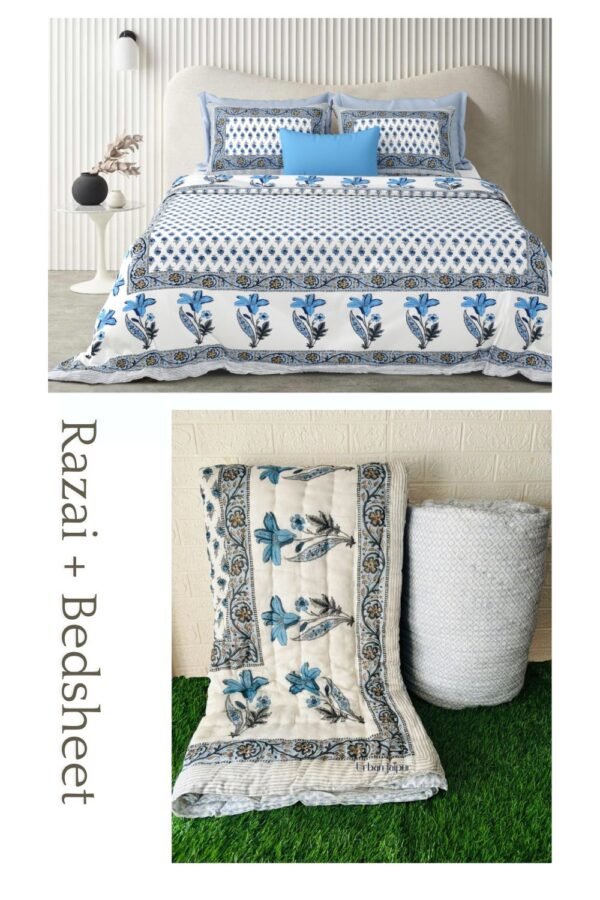 Razai Set - Set Of 4 Pcs - Blue, White Ethnic Razai Bedding Set (Bedsheet & Quilt Set)