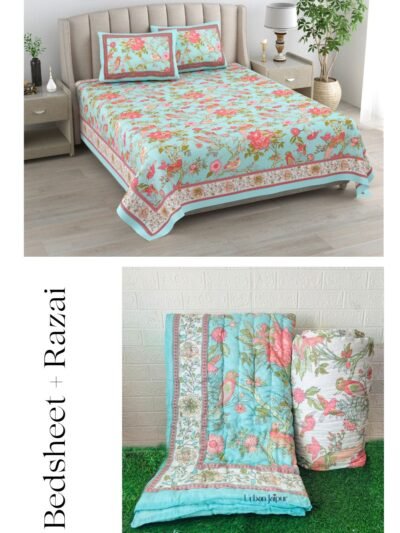 Set Of 4 Pcs - Buta Print Bedding Set - Blue (Bedsheet & Quilt Set)