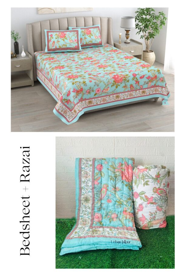 Set Of 4 Pcs - Buta Print Bedding Set - Blue (Bedsheet & Quilt Set)