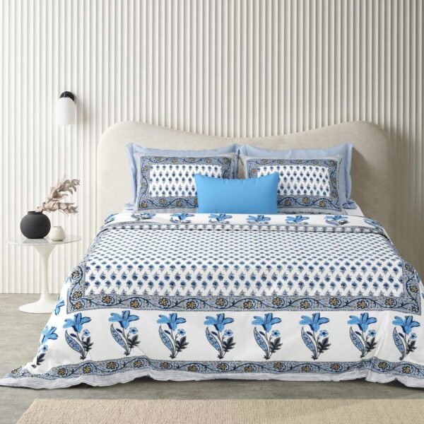 Jaypore - Floral Print Pure Cotton Double Bed Bedsheet - Blue