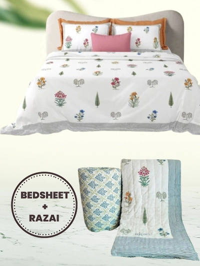 Razai Set - Set Of 4 Pcs - White Ethnic Razai Bedding Set (Bedsheet & Quilt Set)