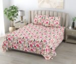 Diwan Bedsheet with 2 Pillow Cover Floral Print - White, Pink | Anokhi