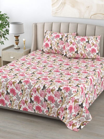 Diwan Bedsheet with 2 Pillow Cover Floral Print - White, Pink | Anokhi