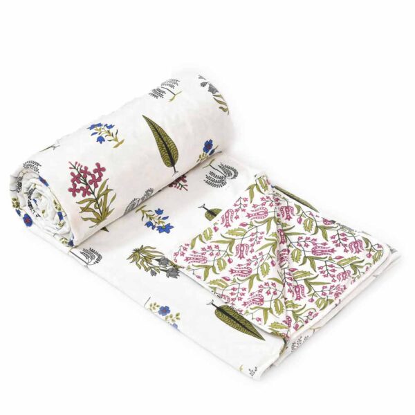 Handblock Leaf Print (100% Cotton, Reversible) Double Bed Dohar - Green, Blue