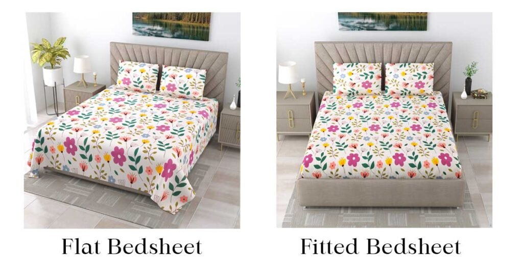 Flat vs Fitted Bedsheet difference - Two bedsheets in image, one is flat on left, and on the right - it's fitted. 