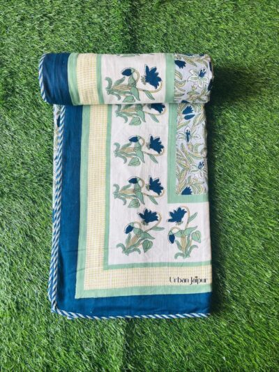 Floral Print Mulmul Cotton Dohar for Single Bed - Blue (Reversible)