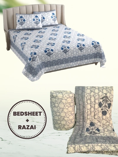 Razai Set - Set Of 4 Pcs - Blue Floral Razai Bedding Set (Bedsheet & Quilt Set)