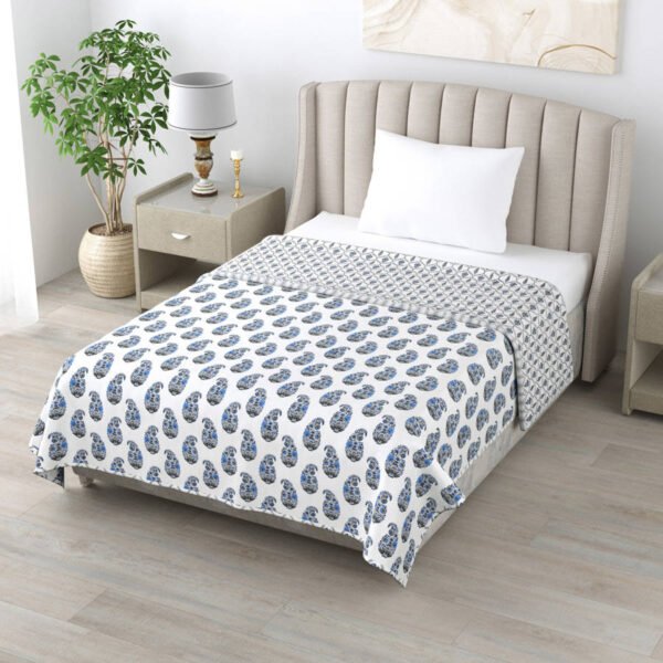 Leaf Print Single Bed Cotton Dohar (100% Cotton, Reversible) -Blue
