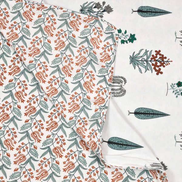 Handblock Leaf Print (100% Cotton, Reversible) Single Bed Dohar - Red, Sea Green