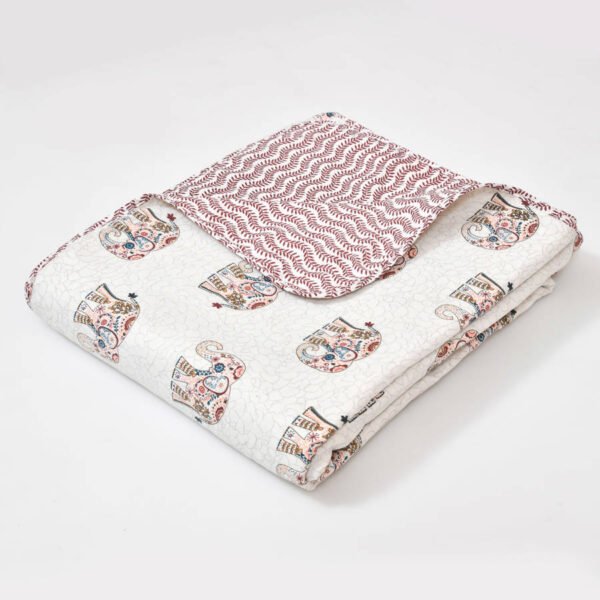 Elephant Print Double Bed Cotton Dohar (100% Cotton, Reversible) - Red, White