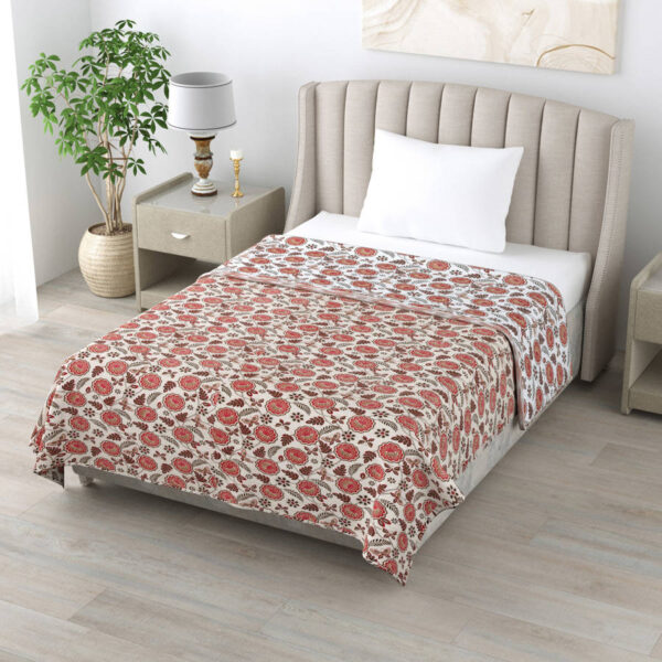 Flower Print Single Bed Cotton Dohar/AC Blanket (Reversible, 100% Cotton) - Red, Cream