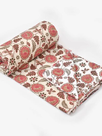 Flower Print Single Bed Cotton Dohar/AC Blanket (Reversible, 100% Cotton) - Red, Cream